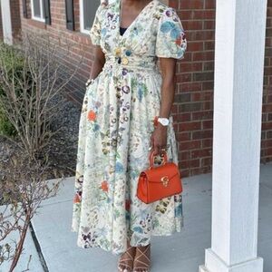 Anthropologie Cream Puff Sleeve Midi Katarina Dress